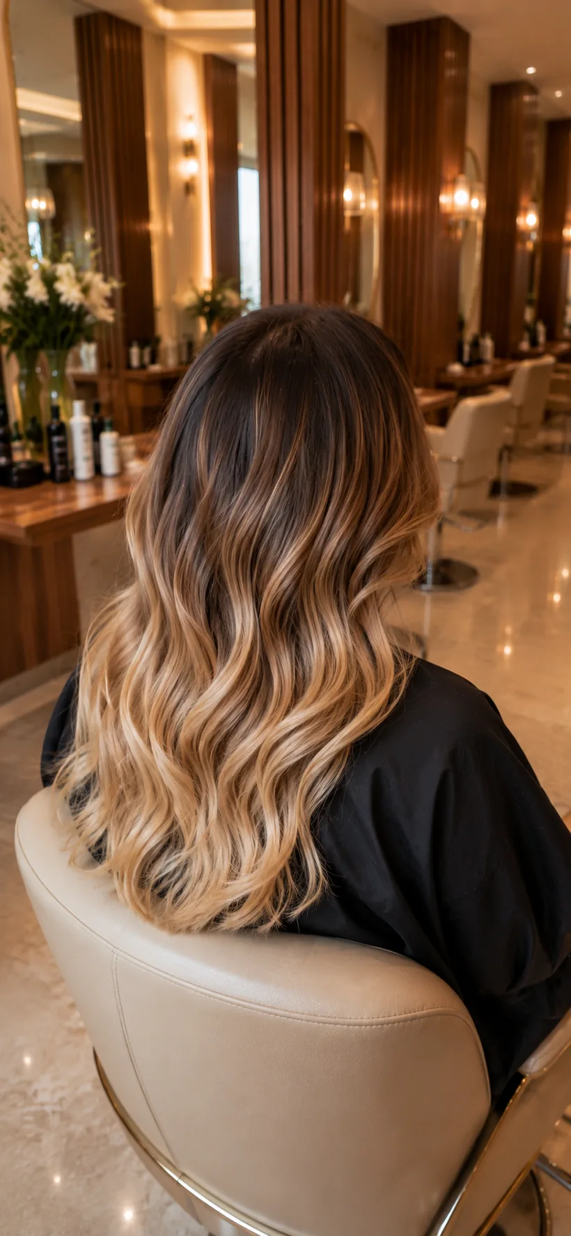 Longueurs ondulées en ombré hollywood doré