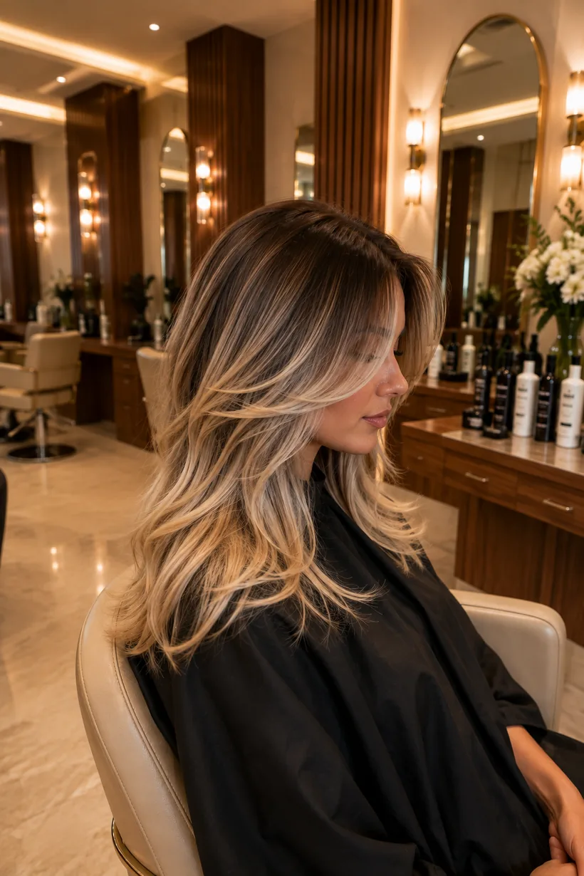 Cheveux mi-longs ondulés, balayage blond solaire