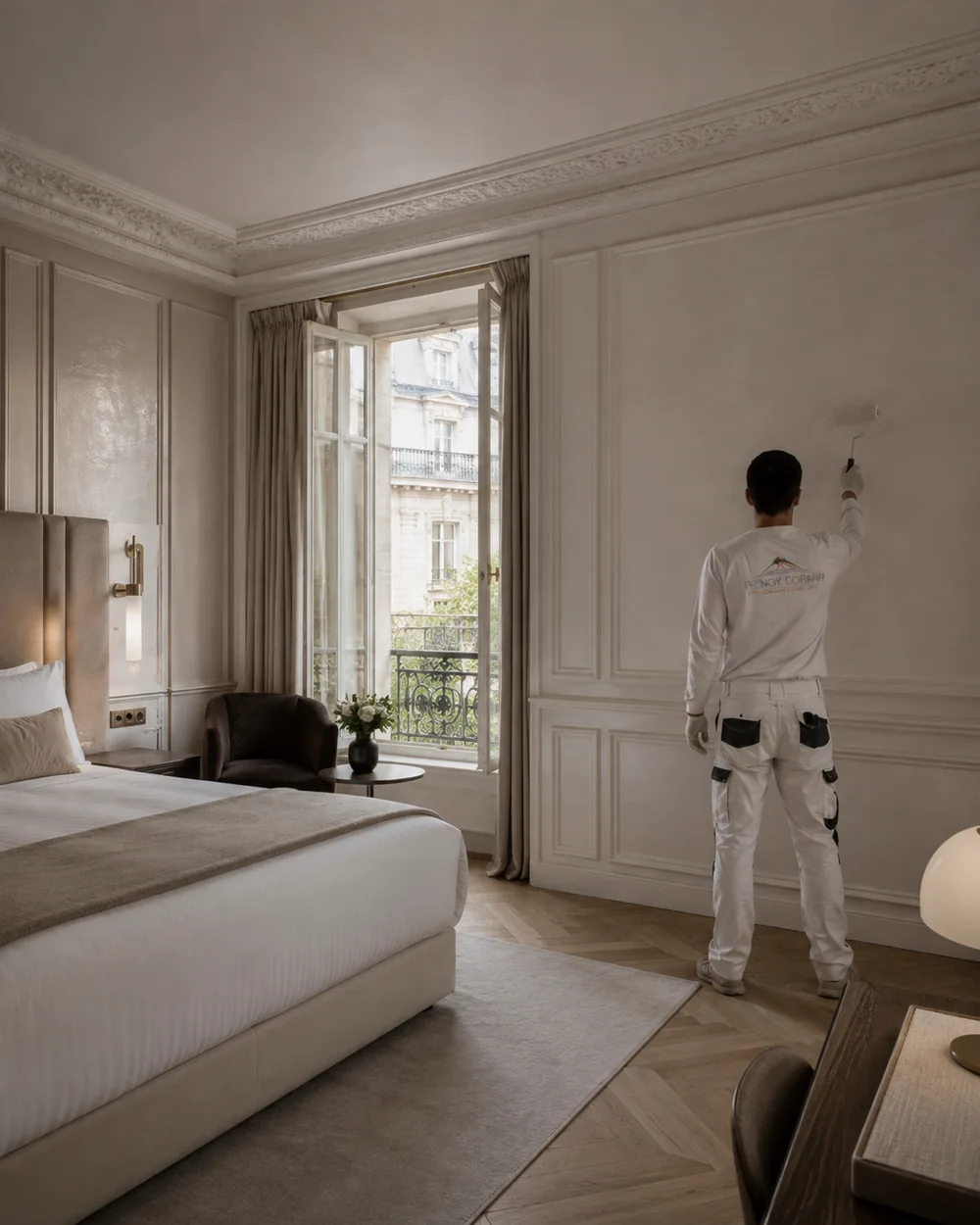 Chambre haussmannienne repeinte, parquet en point de Hongrie protégé