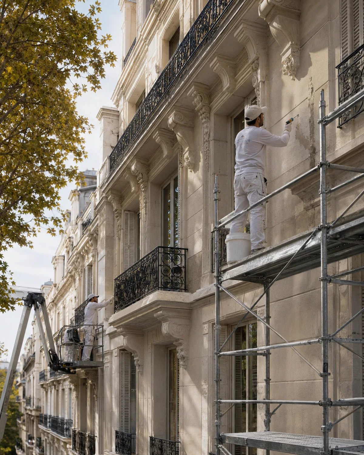 Ravalement d'une façade haussmannienne sous échafaudage