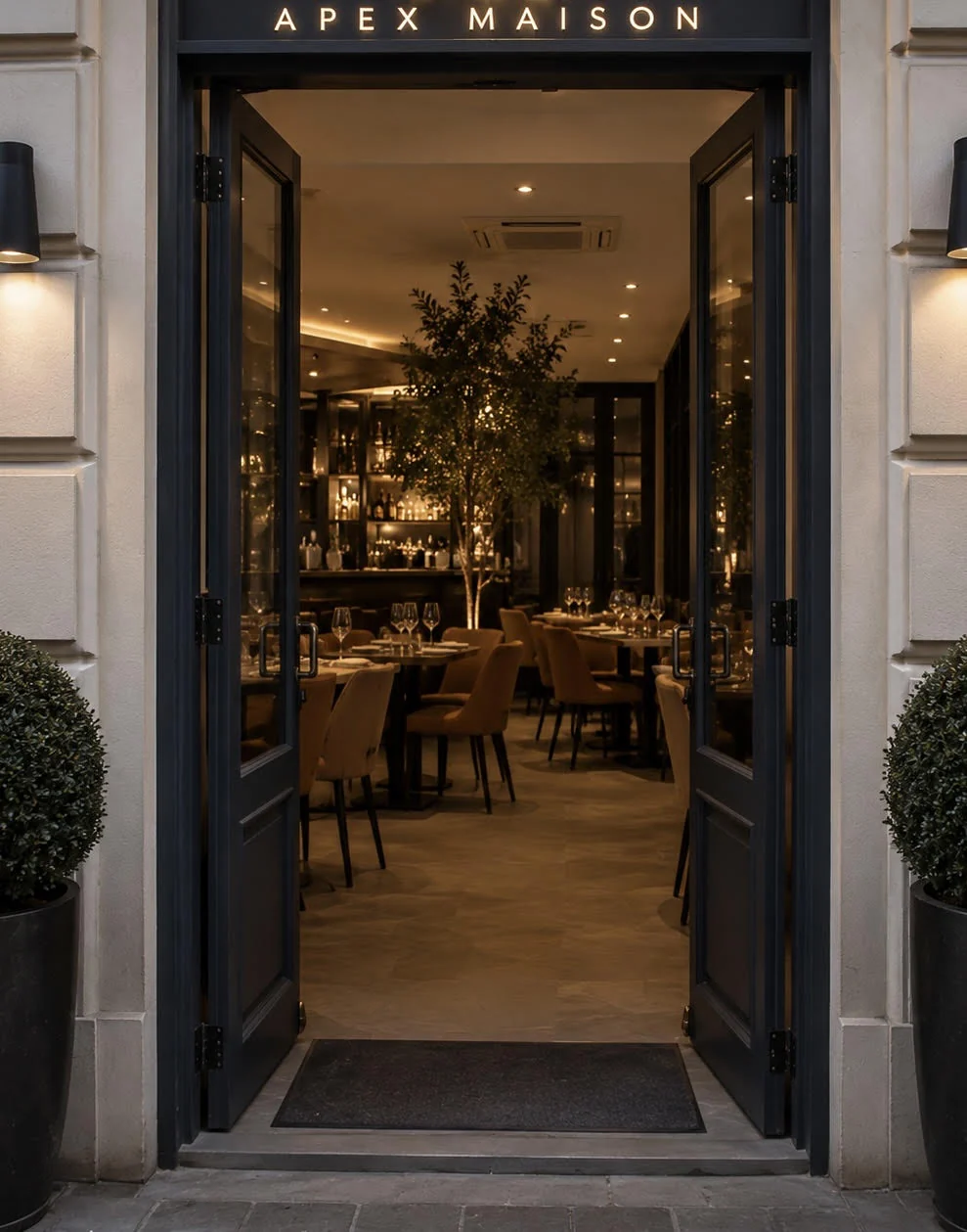 La porte d'entrée d'Apex Maison, ouverte sur la cuisine, avenue du Maine