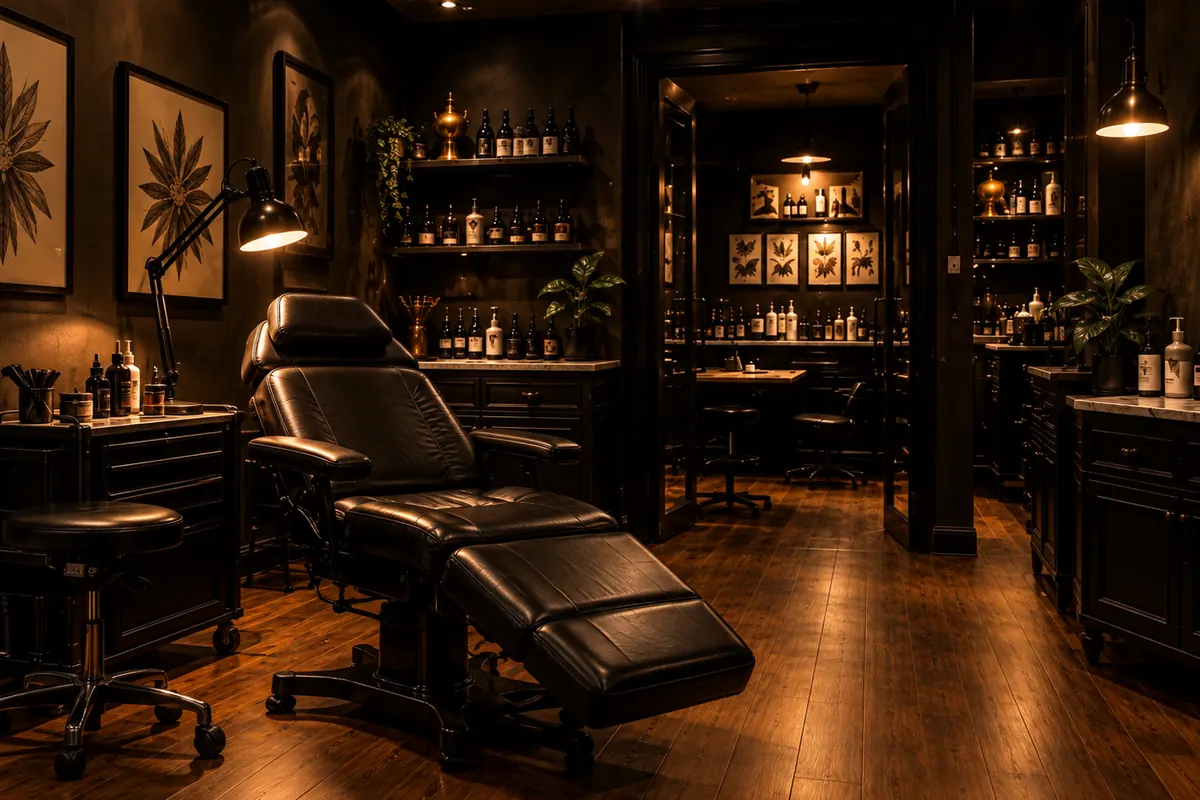 La salle du studio Tatoo Apex, bois sombre et laiton