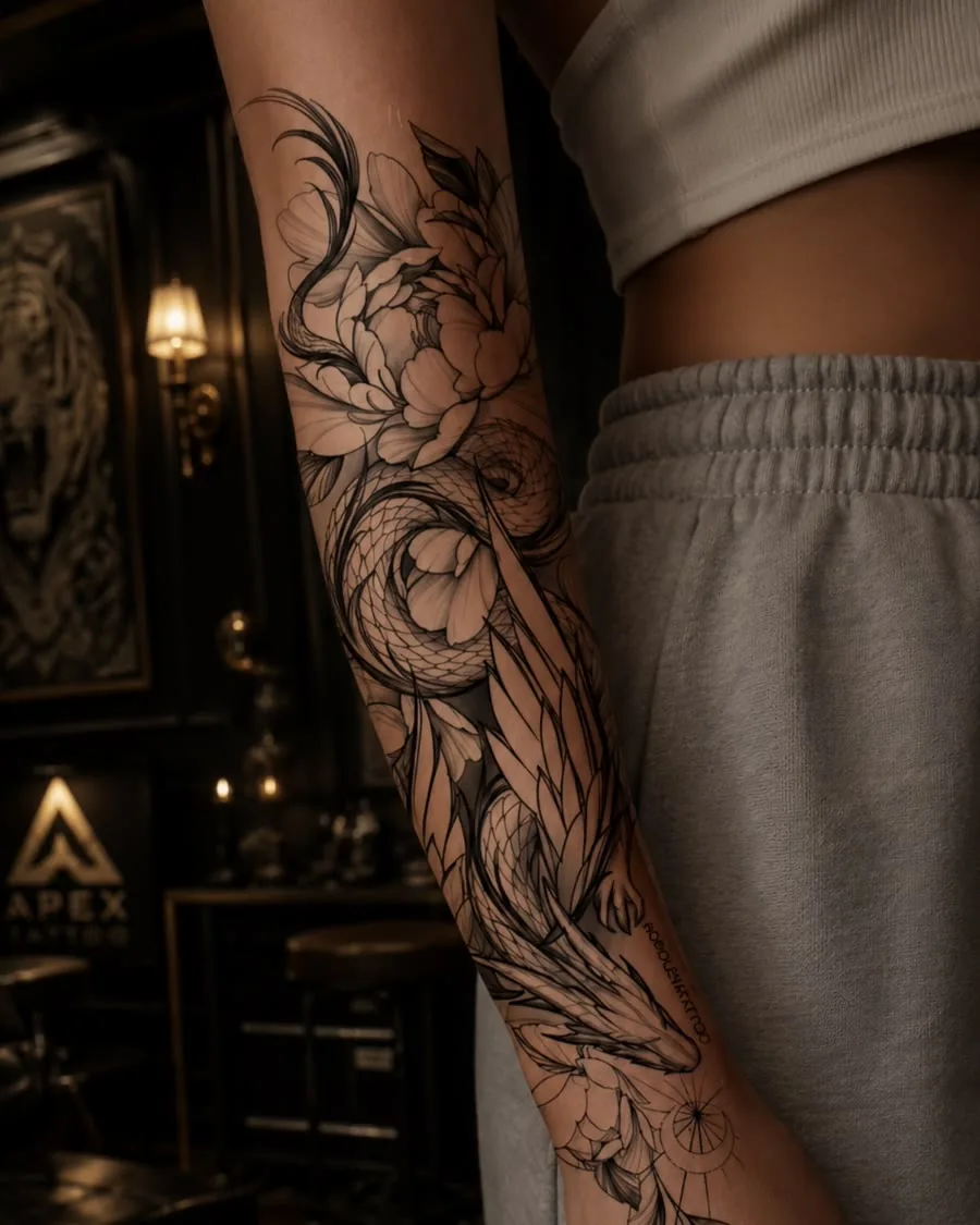 Manchette fine line florale et ornementale tatouée sur un bras, Tatoo Apex Paris