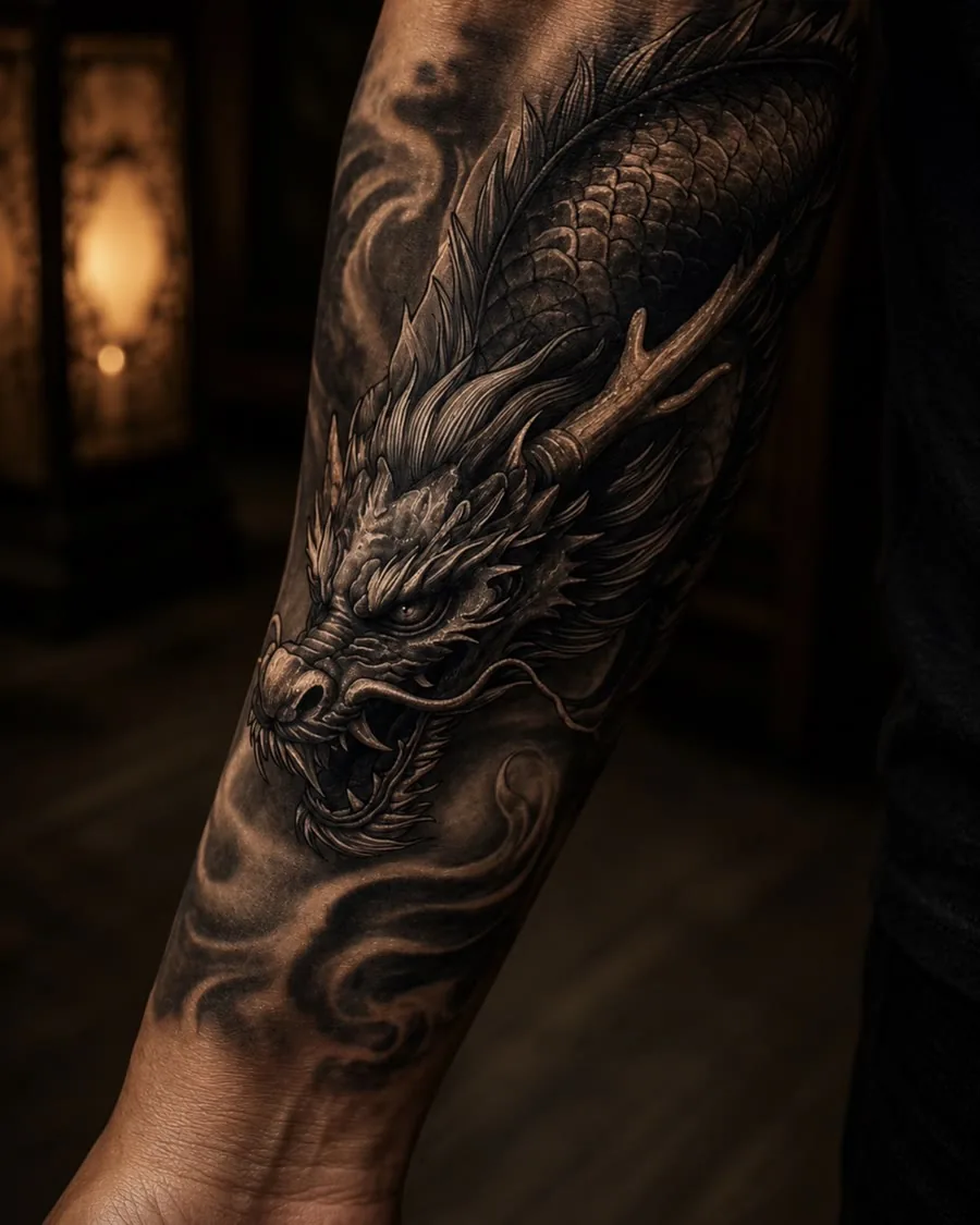 Tatouage de dragon japonais en noir et gris sur avant-bras