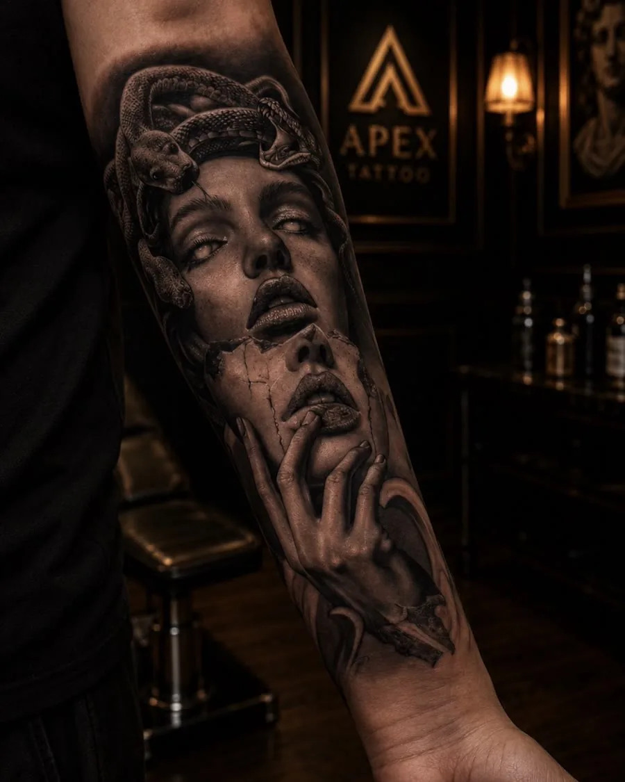 Portrait féminin surréaliste tatoué en noir et gris sur un avant-bras