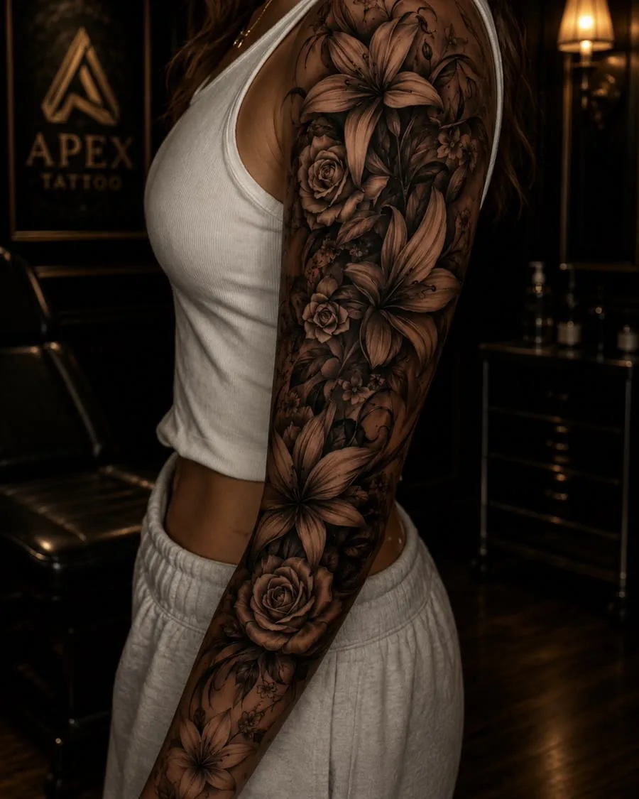 Manchette florale de lys et de roses en noir et gris