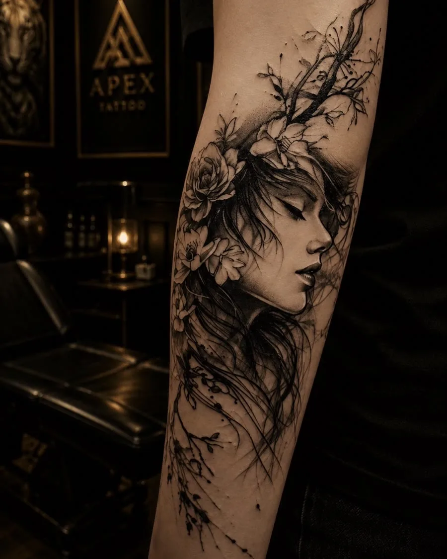 Silhouette féminine et branches fleuries tatouées en fine line ombré