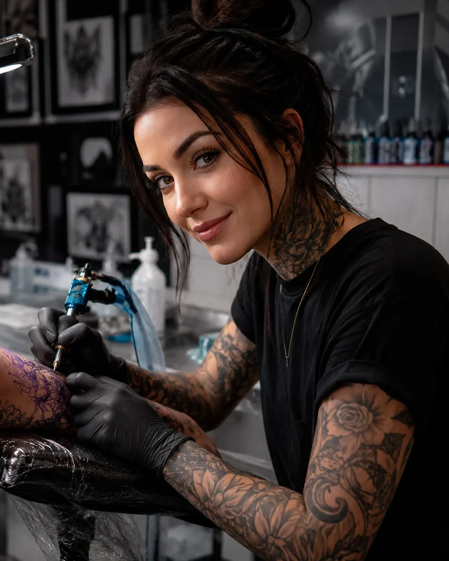 Natacha, tatoueuse résidente de Tatoo Apex, en pleine séance dans le studio