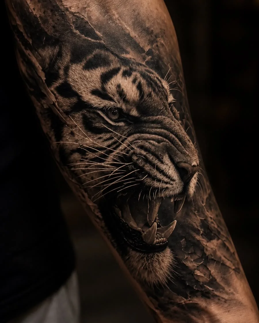 Tatouage réaliste d'un tigre en noir et gris sur un avant-bras, réalisé au studio Tatoo Apex